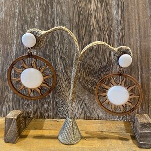 Wooden and White Circle Earrings